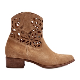 Zazoo 3404 Santiags Ajourées Sur Talons Bas Daim Beige