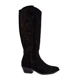 Zazoo 2909 Bottes Ajourées En Daim Sur Talons Bas, Noir le noir