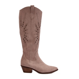 Zazoo 2909 Bottes Ajourées En Daim Sur Talons Bas, Beige