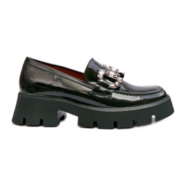 Mocassins pour femmes en cuir verni avec décoration, vert foncé Arsaba