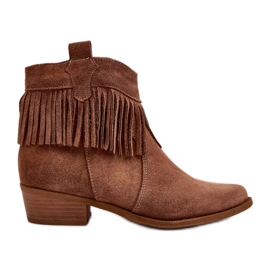 Bottines femme Zazoo 3430 en daim à franges camel brun