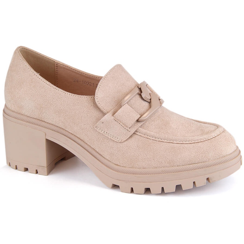 Chaussures femme, mocassins en daim sur talon haut et plateforme, beige Vinceza 10921