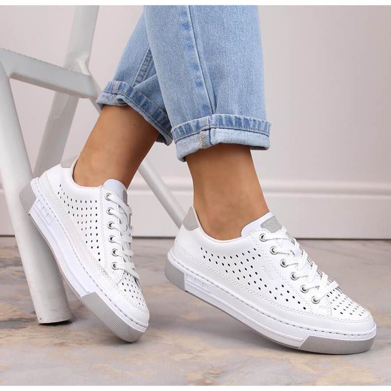 Chaussures de sport confortables ajourées en cuir pour femmes, blanches, Rieker L8849-80