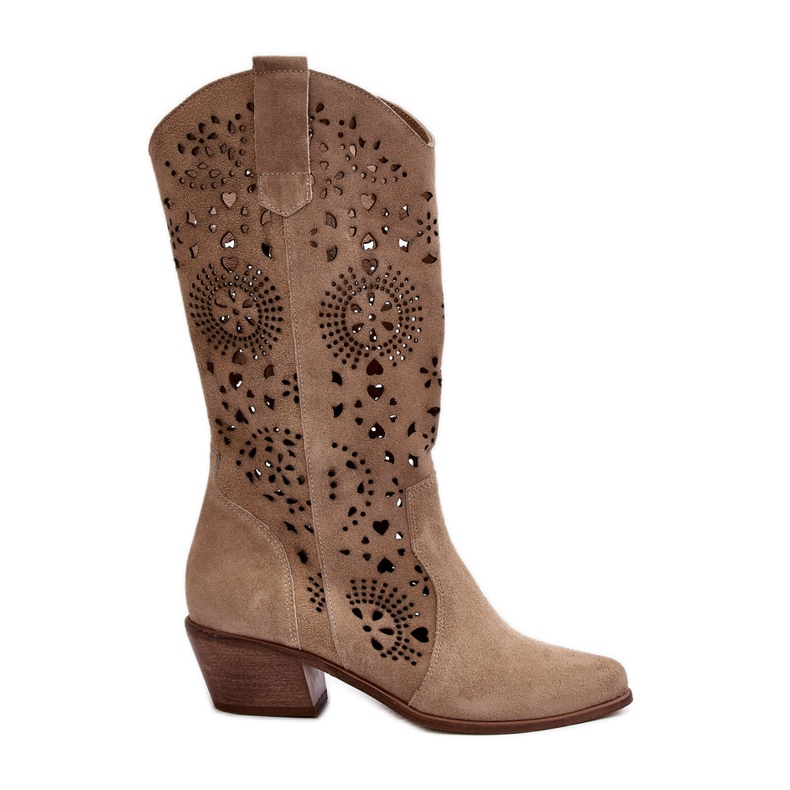 Zazoo Bottines Mi-Mollet Ajourées En Daim 3396 Beige Clair