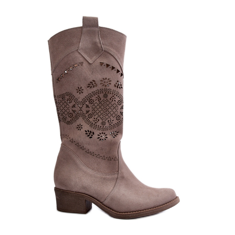 Zazoo 4043 Bottines à Talons Bas Cappucino Ajourées en Daim beige