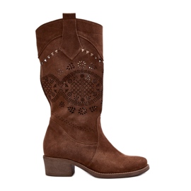 Zazoo Bottines à Talons Bas Ajourées en Daim 4043 Marron brun