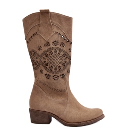 Zazoo 4043 Bottines à talons bas en daim beige ajouré