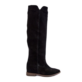 Zazoo 3407 Bottes hauteur genou en daim à talons plats, noir le noir