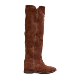 Zazoo 3407 Bottes hauteur genou en daim à talons plats camel brun