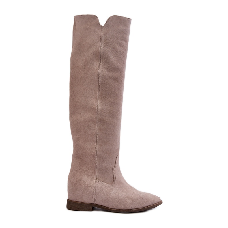 Zazoo 3407 Bottes hauteur genou en daim à talons plats cappuccino beige