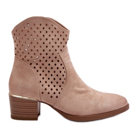 Vinceza Bottines à Talons Bas Ajourées Beiges Cilvana