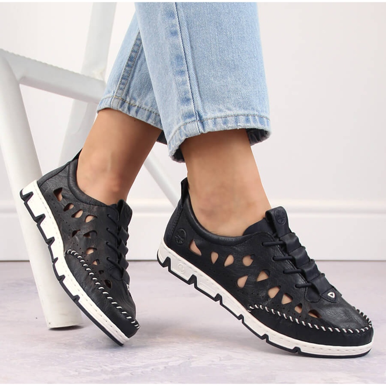 Chaussures à enfiler ajourées en cuir pour femme, bleu marine Rieker 49956-14 Chaussures à enfiler ajourées en cuir pour femme, bleu marine Rieker 49956-14