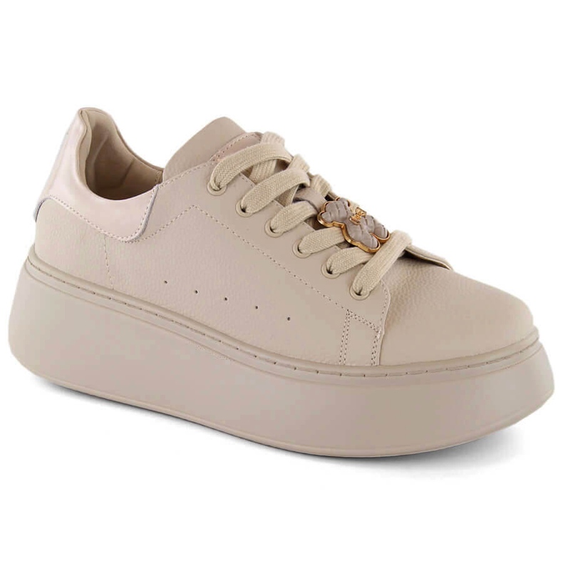 Chaussures de sport en cuir pour femmes sur plateforme avec ours en peluche, beige Vinceza 66641