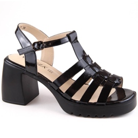 Sandales femme à talons hauts et plateforme en cuir verni, noir Vinceza 66621