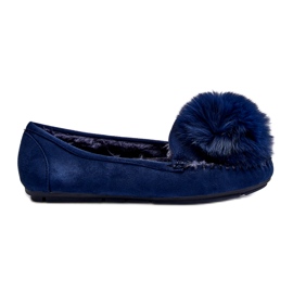 Mandards bleus pour femmes avec fourrure et pompom