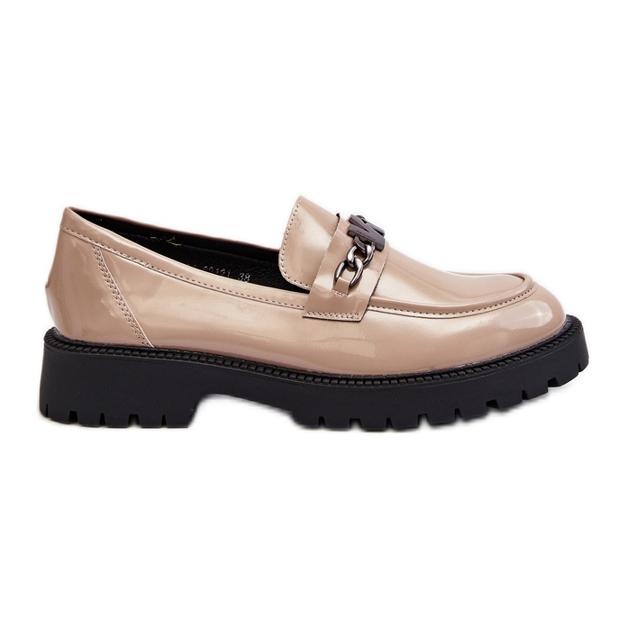 Vinceza Mocassins Femme En Cuir Verni à Talon Plat, Beige Ezoma