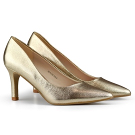 Talons aiguilles bas dorés, escarpins pour femmes sur un talon aiguille bas, doré