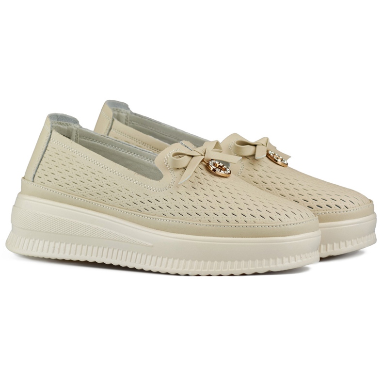 Chaussures ajourées en cuir pour femme, mocassins confortables en cuir naturel beige