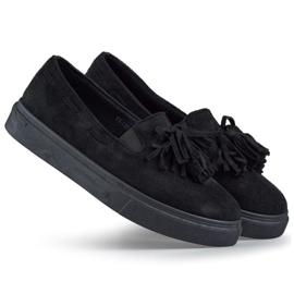 Chaussures femme noires à franges, mocassins noirs à franges