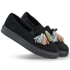 Chaussures pour femmes noires à franges colorées, mocassins noirs à franges le noir