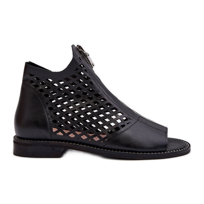 Zazoo 977/L Sandales Ajourées En Cuir Avec Fermeture Éclair le noir