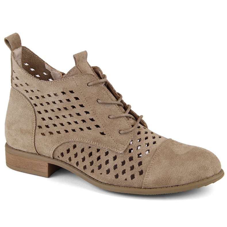 Bottines ajourées à talons bas pour femme en daim, beige Jezzi ASA142-45