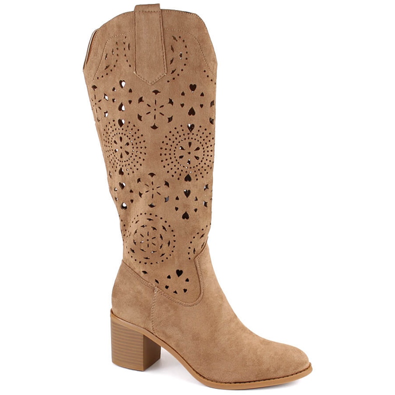 M. DASZYŃSKI Bottines ajourées pour femme en daim à talons hauts, beige M.Daszyński MR2337-7