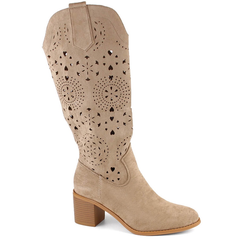 M. DASZYŃSKI Bottines ajourées en daim pour femme à talon haut, beige M.Daszyński MR2337-7
