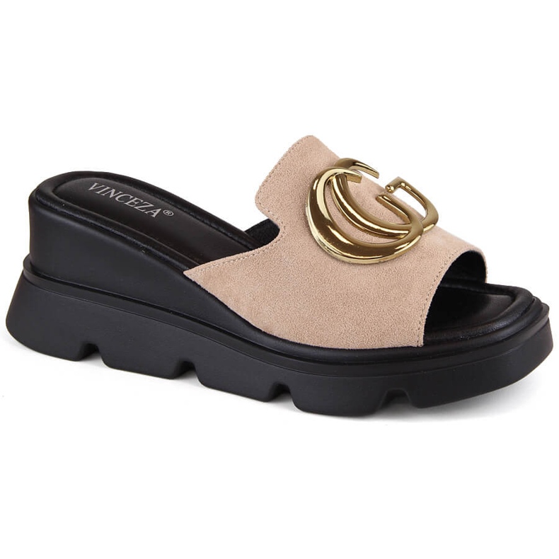 Chaussons compensés en daim femme beige Vinceza 58295