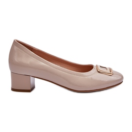 Vinceza Escarpins en cuir verni sur bloc avec décoration, Beige Enollia