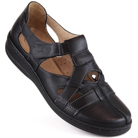 Chaussures confortables en cuir ajouré pour femme avec velcro, noires Helios 423.011