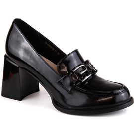 Chaussures à talons hauts en cuir verni pour femmes, noires, Vinceza 63509