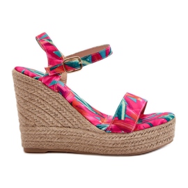 Sandales compensées tressées fuchsia à motifs Anihazra rose