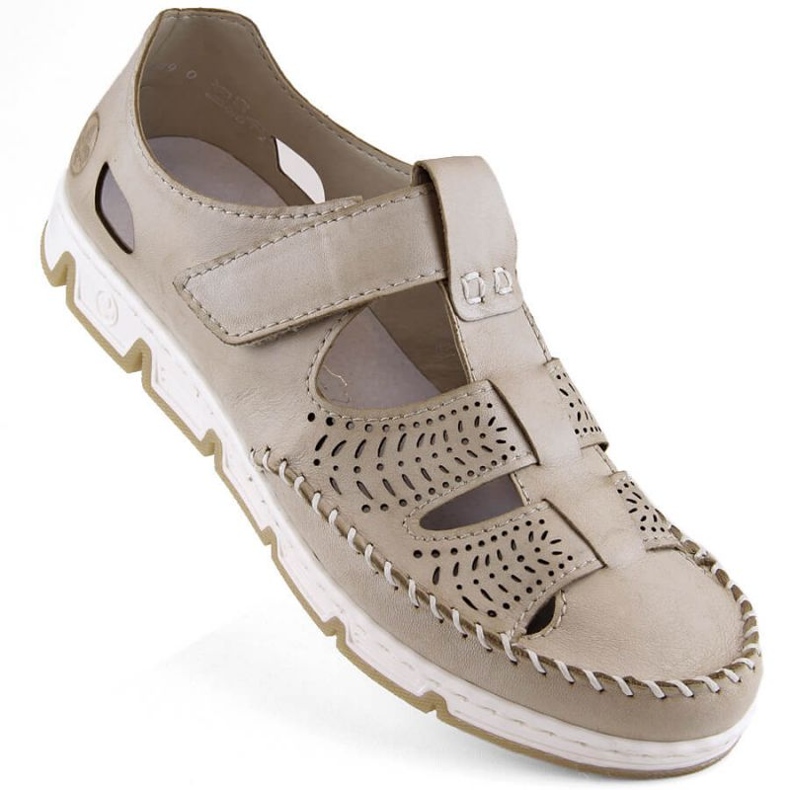 Rieker W RKR651 chaussures ajourées en cuir beige avec velcro brun