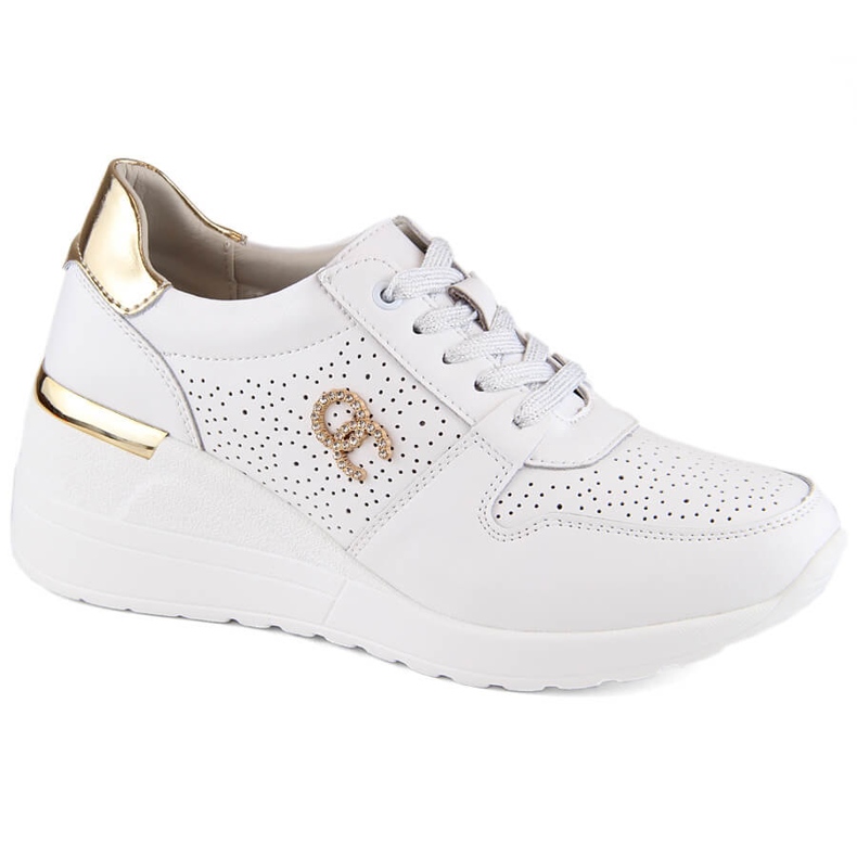 Chaussures compensées de sport en cuir pour femme, blanches, S.Barski LR810 Chaussures compensées de sport en cuir pour femme, blanches, S.Barski LR810