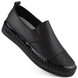 S.Barski Chaussures à enfiler en cuir pour femmes avec zircons cubiques, noir D&amp;A LR370