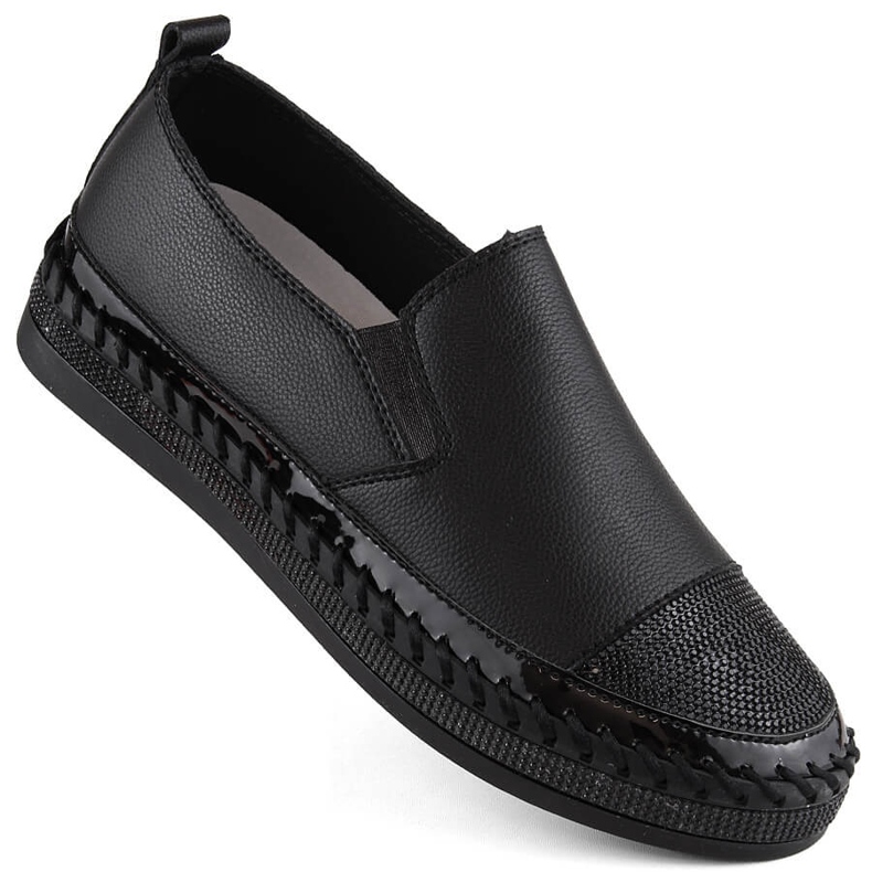 S.Barski Chaussures à enfiler en cuir pour femmes avec zircons cubiques, noir D&amp;A LR370 le noir