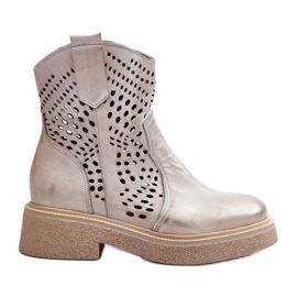 Zazoo 3470 Bottines Femme en Cuir à Talon Plat, Ajourées, Doré Brossé d'or