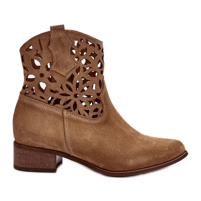 Zazoo 3404 Bottines Santiags Ajourées à Talon Bas Daim Beige Clair