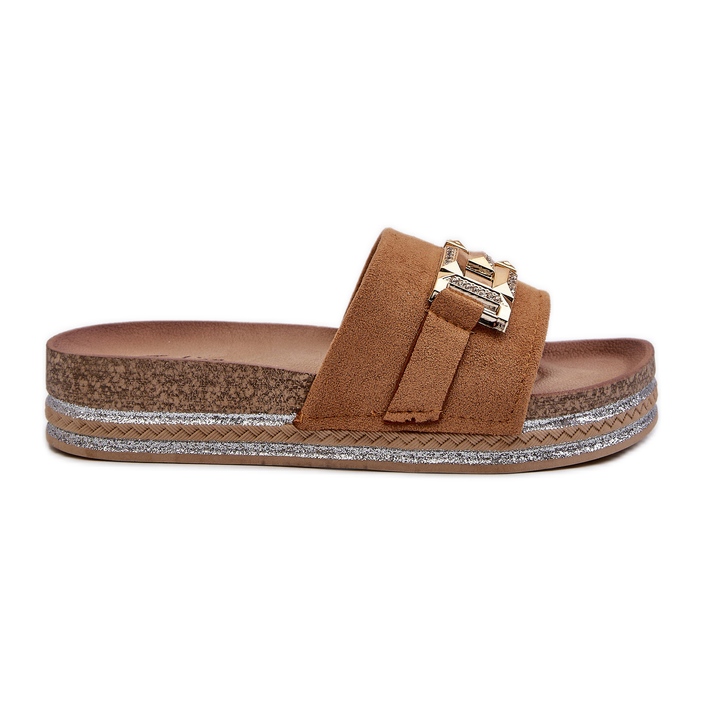 FK1 Tongs à plateforme pour femmes avec décoration Vapireta camel brun