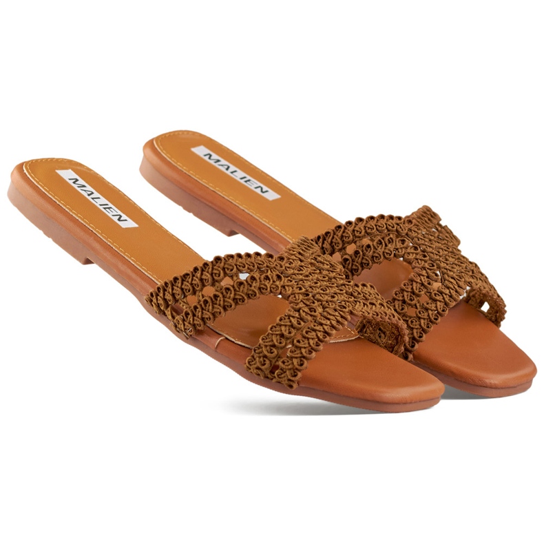 Tongs femme marron en dentelle à semelle plate brun Tongs femme marron en dentelle à semelle plate brun