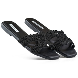 Tongs femme noires en dentelle à semelle plate le noir