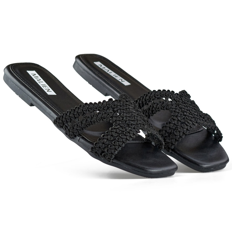 Tongs femme noires en dentelle à semelle plate le noir