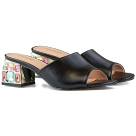 Tongs noires à talons bas pour femmes avec cristaux le noir