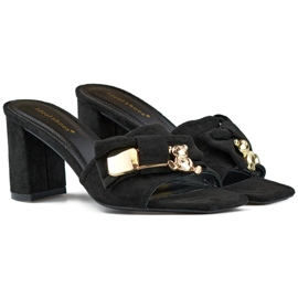 Tongs noires à talons hauts avec noeud, tongs avec ours en peluche le noir