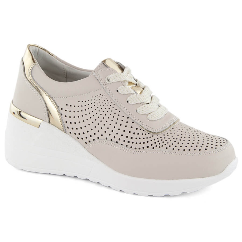 Chaussures compensées de sport en cuir pour femme, confortables, beiges S.Barski LR725 Chaussures compensées de sport en cuir pour femme, confortables, beiges S.Barski LR725