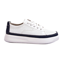 Sergio Leone Chaussures de sport en cuir pour femmes, baskets, blanches et bleu marine