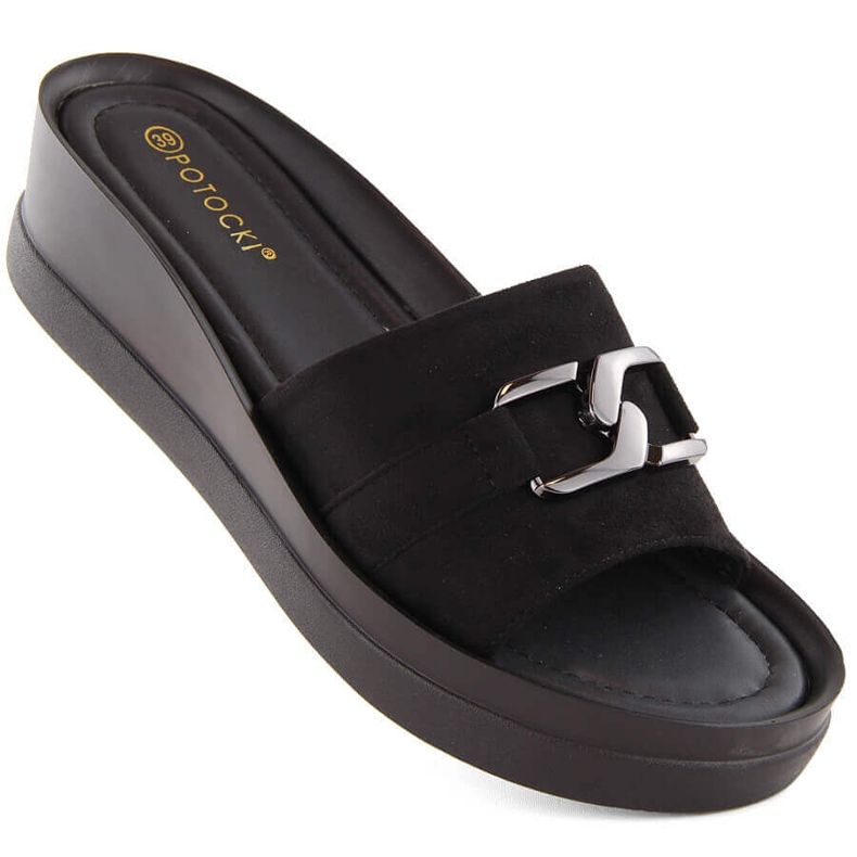 Chaussons compensés en daim pour femmes, noir Potocki 21326 le noir