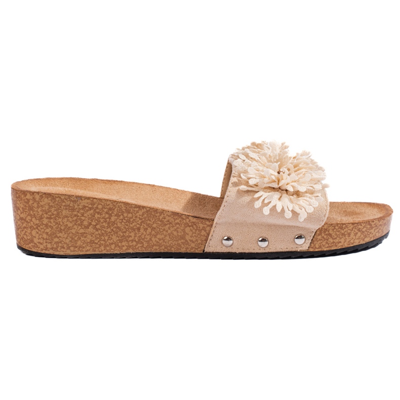 Chaussons femme en daim beige à fleurs