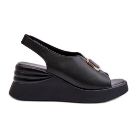 Sandales compensées en cuir pour femme avec décoration, noir Salvania